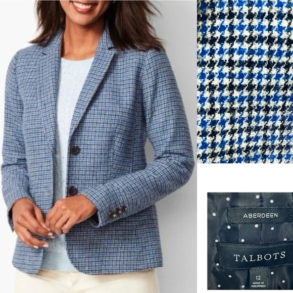 Talbots Jackets & Blazers - Talbots Aberdeen Wool Blazer Sz 12 Blue Black White Houndstooth Shetland Jacket